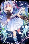  blue_eyes blue_hair dress earmuffs fuyu_no_yoru_miku green_hair hatsune_miku highres long_hair loose_socks one_eye_closed open_mouth single_thighhigh socks solo star thighhighs twintails very_long_hair vocaloid yuruno 