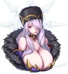  1girl bare_shoulders blood bloody_tears breasts choker cleavage crying crymaria_levin detached_sleeves feather_boa fur_hat gem hair_over_one_eye hat highres huge_breasts impossible_clothes junkpuyo lavender_hair long_hair low_neckline senjou_no_valkyria senjou_no_valkyria_4 strapless upper_body ushanka 