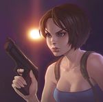  breasts brown_hair gun ilya_kuvshinov jill_valentine medium_breasts resident_evil resident_evil_3 short_hair solo upper_body weapon 