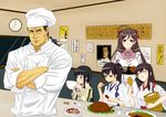  &gt;:) 4girls ^_^ admiral_(kantai_collection) akagi_(kantai_collection) black_eyes black_hair bow bowl braid brown_eyes brown_hair chef_hat chef_uniform chicken_(food) chopsticks closed_eyes commentary crossed_arms crossover dumpling eating food food_on_face hair_bow hair_ornament hair_ribbon hairpin hakama hat holding japanese_clothes jiaozi k2 kaga_(kantai_collection) kantai_collection kappougi kitakami_(kantai_collection) long_hair mamiya_(kantai_collection) multiple_girls muneate ohitsu ribbon rice rice_on_face rice_spoon school_uniform serafuku side_ponytail single_braid smile steven_seagal tasuki tonkatsu toque_blanche translation_request turkey_(food) under_siege v-shaped_eyebrows 