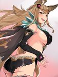  alternate_breast_size animal_ears ass black_gloves black_panties blush breasts brown_hair cape elbow_gloves erune fox_ears gloves gradient gradient_background granblue_fantasy hair_ornament large_breasts long_hair metera_(granblue_fantasy) nuko_(mikupantu) open_mouth panties simple_background smile solo tongue tongue_out underwear 