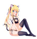  alternate_costume animal_ears bangs bashen_chenyue bell bell_choker between_legs black_legwear black_panties blonde_hair blunt_bangs blush brown_eyes cat_cutout cat_ear_panties cat_ears cat_lingerie cat_tail choker cleavage_cutout closed_mouth covering covering_crotch eyebrows eyebrows_visible_through_hair fake_animal_ears frills full_body groin hair_ribbon hand_between_legs highres jingle_bell long_hair meme_attire navel no_shoes panties paw_print pout purple_ribbon ribbon saenai_heroine_no_sodatekata sawamura_spencer_eriri side-tie_panties simple_background sitting solo stomach tail thighhighs underwear underwear_only white_background 