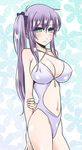  blush breasts cleavage commentary_request faris_scherwiz final_fantasy final_fantasy_v green_eyes large_breasts long_hair looking_at_viewer mabo-udon navel one-piece_swimsuit ponytail purple_hair side_ponytail solo swimsuit 
