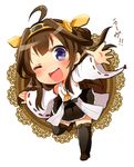  ;d ahoge aya_(421ura) boots brown_hair chibi detached_sleeves full_body hairband headgear highres kantai_collection kongou_(kantai_collection) nontraditional_miko one_eye_closed open_mouth outstretched_arms purple_eyes ribbon-trimmed_sleeves ribbon_trim smile solo spread_arms thigh_boots thighhighs translation_request v-shaped_eyebrows winged_hairband zettai_ryouiki 