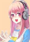  blush breasts halfway headphones large_breasts long_hair looking_at_viewer nitroplus open_mouth pink_hair red_eyes smile solo steepled_fingers super_sonico 