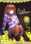  androgynous black_background blush boots brown_dress brown_hair brown_legwear brown_ribbon character_name closed_eyes copyright_name creature cross-laced_footwear dress field flower flower_field flowey_(undertale) frisk_(undertale) glowing hair_between_eyes heart highres knee_boots knees_together_feet_apart long_sleeves multicolored_shirt object_hug open_mouth pantyhose poyosuke purple_skirt ribbon roots round_teeth short_hair simple_background sitting skirt smile solid_oval_eyes striped striped_sweater sweater teeth turtleneck undertale visible_ears 