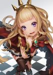  bad_id bad_pixiv_id blonde_hair brown_legwear cagliostro_(granblue_fantasy) cape checkered checkered_floor crown granblue_fantasy hand_on_own_knee index_finger_raised long_hair looking_at_viewer misaka_(05) purple_eyes smile solo thighhighs 