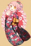  ameshizuku_natsuki blush commentary_request fang floral_print hair_flaps japanese_clothes kimono looking_at_viewer obi open_mouth original pink_hair sash short_hair smile solo yellow_eyes yukata 