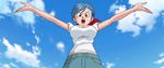  1girl blue_hair breasts bulma dragon_ball dragon_ball_super female jeans large_breasts open_mouth screencap serious sky 