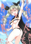  :d ^_^ anchovy arm_up armpits ass bikini black_bikini blush breasts cleavage closed_eyes drill_hair girls_und_panzer green_hair hair_ribbon heart heart_in_mouth large_breasts long_hair mabuchoco_m o-ring o-ring_top open_mouth ribbon smile solo swimsuit twin_drills twintails twisted_torso 