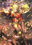  ahoge aozi_seizi blonde_hair bodysuit book boots breasts brown_eyes casting_spell castle circlet detached_sleeves electricity feathers fence fire_emblem fire_emblem_cipher fire_emblem_if highres holding holding_book lightning lips long_hair medium_breasts moon official_art one_eye_closed ophelia_(fire_emblem_if) sideboob solo thighhighs wings 