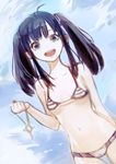  :d absurdres ahoge bikini black_hair cloud day green_eyes highres holding jewelry long_hair looking_at_viewer necklace okuto open_mouth original sidelocks sky smile solo strap_gap swimsuit twintails 