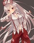  arm_up blush bow dutch_angle frown fujiwara_no_mokou grey_background hair_bow hair_ornament hair_ribbon hand_in_pocket highres long_hair long_sleeves looking_at_viewer midriff navel pants puffy_sleeves red_eyes ribbon shirt silver_hair simple_background solo source_request touhou usamata 