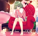  armchair bangs bare_legs barefoot blue_eyes blurry bow box cardigan carpet chair chocolate chocolate_fountain chocolate_heart closed_mouth depth_of_field dripping eyebrows eyebrows_visible_through_hair eyelashes feet fringe_trim gift gift_bag gift_box glowing green_eyes green_hair heart heart_pillow heterochromia highres idolmaster idolmaster_cinderella_girls indoors infinote lace light_particles long_sleeves looking_at_viewer mole mole_under_eye off_shoulder pillow pillow_hug plant potted_plant ribbon short_hair sitting skirt sleeves_past_wrists smile solo strap_slip striped striped_bow striped_ribbon sweater takagaki_kaede tree valentine wooden_table 