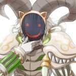  1boy animal_ears armor cat_ears commentary_request fake_animal_ears finger_to_own_chin genetic_(ragnarok_online) gloves horns huge_horns living_clothes mask masked mouth_mask natsuya_(kuttuki) pauldrons ragnarok_online short_hair shoulder_armor simple_background solo teeth upper_body white_background white_gloves white_hair 