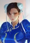  1girl bun_cover capcom chinese_clothes chun-li double_buns heewon_lee looking_at_viewer makeup solo street_fighter upper_body 