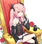  arukanu bare_shoulders bat black_dress black_ribbon boots bow buttons closed_mouth crossed_legs detached_sleeves dress flat_chest flower frills hair_between_eyes hair_ornament hair_ribbon kenkaizar krul_tepes long_hair long_sleeves looking_at_viewer owari_no_seraph pink_hair pointy_ears red_bow red_eyes red_flower red_rose ribbon rose simple_background sitting smile solo statue tareme thigh_boots thighhighs throne twintails two_side_up vampire white_background 