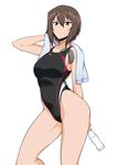  alternate_costume arm_up black_swimsuit bottle brown_eyes brown_hair closed_mouth competition_swimsuit drying drying_hair girls_und_panzer harukon_(halcon) highleg highleg_swimsuit holding in_swimsuit looking_at_viewer nishizumi_maho one-piece_swimsuit short_hair simple_background solo swim_cap swim_cap_removed swimsuit towel water water_bottle white_background 