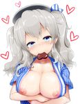  blue_eyes blush breast_hold breasts chocolate chocolate_heart employee_uniform food_in_mouth hat heart highres kantai_collection kashima_(kantai_collection) large_breasts lawson looking_at_viewer mizuyan mouth_hold nipples open_clothes open_shirt shirt short_hair silver_hair simple_background solo twintails uniform valentine white_background 