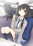  bad_id bad_pixiv_id banned_artist black_hair blush chair green_eyes kneehighs knees_up long_hair low_twintails mirai_(macharge) necktie open_mouth pencil shirobako sitting solo twintails yasuhara_ema 