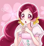  :o blush chocokin hanasaki_tsubomi heartcatch_precure! interlocked_fingers long_hair looking_at_viewer pink_background pink_eyes pink_hair precure puffy_sleeves shirt solo twintails upper_body white_shirt 