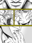  dio_brando earrings halterneck hand_kiss hand_on_another's_face jewelry jojo_no_kimyou_na_bouken kiss male_focus merumeru626 monochrome stand_(jojo) stardust_crusaders the_world translation_request yaoi 