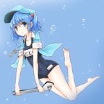  barefoot blue_eyes blue_hair bubble commentary fuente jewelry kawashiro_nitori key looking_at_viewer necklace one-piece_swimsuit school_swimsuit solo swimsuit touhou translated two_side_up underwater wrench 