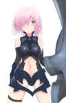  armor bare_shoulders black_armor blush elbow_gloves fate/grand_order fate_(series) frown gauntlets gloves hair_over_one_eye highres impossible_clothes kesoshirou looking_at_viewer mash_kyrielight navel navel_cutout pink_hair purple_eyes shield short_hair simple_background solo thigh_strap thighs white_background 