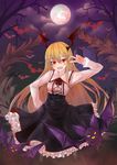  :d bat blonde_hair building collar collared_shirt fang frilled_shirt_collar frilled_skirt frills full_moon granblue_fantasy head_wings highres kuronekozero long_hair moon night open_mouth red_eyes shingeki_no_bahamut shirt skirt smile solo tail v vampy wing_collar 