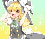  1girl :3 :d apron bangs blonde_hair blush bow braid brown_eyes buttons collared_shirt gradient gradient_background hands_on_headwear hat hat_bow kirisame_marisa large_bow long_hair looking_at_viewer natsune_ilasuto neck_ribbon open_mouth puffy_short_sleeves puffy_sleeves ribbon shirt short_sleeves side_braid simple_background single_braid skirt skirt_set smile solo star touhou vest waist_apron wavy_mouth witch_hat 