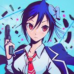  &gt;:( artist_name blue_background blue_bow blue_hair blue_jacket blue_shirt blurry blush bow buttons collarbone collared_shirt dress_shirt finger_on_trigger frown gun hair_between_eyes hair_bow handgun holding holding_gun holding_weapon ilya_kuvshinov_(style) jacket jacket_on_shoulders light_smile long_sleeves looking_at_viewer magazine_(weapon) md5_mismatch necktie nisekoi open_clothes open_jacket pistol qosic red_eyes red_neckwear resized shell_casing shirt silhouette simple_background smile solo spring_(object) tsugumi_seishirou tsurime upper_body upscaled v-shaped_eyebrows weapon 