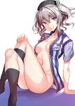  ajishio alternate_costume ass blue_eyes bottomless breasts employee_uniform hat kantai_collection kashima_(kantai_collection) lawson looking_at_viewer naked_shirt name_tag no_bra open_clothes open_shirt shirt silver_hair sitting small_breasts smile solo twintails uniform 
