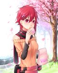  allen.n bag bare_shoulders belt cherry_blossoms eating hair_ornament hairclip highres long_sleeves original paper_bag petals red_eyes red_hair scarf short_hair solo sweater tree 