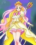  bare_legs blonde_hair blue_background bow brooch chocokin cowboy_shot crown cure_flora earrings expressionless gloves go!_princess_precure grand_princess_(go!_princess_precure) green_eyes haruno_haruka jewelry long_hair magical_girl multicolored_hair pink_bow pink_hair precure puffy_sleeves skirt solo staff streaked_hair two-tone_hair yellow_gloves yellow_skirt 