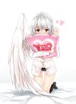  black_legwear black_panties blush commentary_request fuente heart highres kishin_sagume kneeling looking_at_viewer no_pants ok_sign panties pillow pillow_hug red_eyes single_wing solo thigh_gap touhou underwear white_hair wings yes yes-no_pillow 