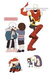  2boys androgynous apologizing bad_id bad_twitter_id bowing damage_numbers frisk_(undertale) highres hood hoodie horns korean monster_boy monster_girl multiple_boys papyrus_(undertale) redlhzz ribs ruined_for_marriage sans scarf shirt shirt_lift simple_background skeleton striped striped_shirt sweat toriel translated undertale white_background 