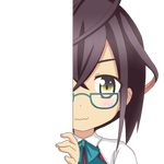  blue-framed_eyewear blush brown_hair glasses green_eyes hair_between_eyes kantai_collection looking_at_viewer nagineko okinami_(kantai_collection) peeking_out shirt short_hair smile solo transparent_background upper_body vest white_shirt 