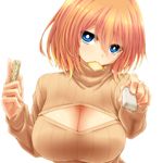  blonde_hair blue_eyes breasts chocolate eyebrows eyebrows_visible_through_hair eyelashes feeding food food_in_mouth hair_between_eyes head_tilt highres holding holding_food large_breasts long_sleeves looking_at_viewer meme_attire mouth_hold open-chest_sweater original pov_feeding ribbed_sweater setana short_hair simple_background solo sweater sweets turtleneck upper_body valentine watarui white_background white_chocolate 