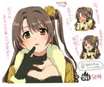  :d bad_id bad_pixiv_id beyond_the_nobles brown_eyes brown_hair choker cosplay flying_sweatdrops gloves idolmaster idolmaster_(classic) idolmaster_cinderella_girls long_hair one_side_up open_mouth restaint shijou_takane shijou_takane_(cosplay) shimamura_uzuki smile solo translation_request v-shaped_eyebrows 