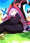  1girl ass bangs black_legwear blush_stickers day hat highres league_of_legends long_hair long_sleeves looking_at_viewer lulu_(league_of_legends) lying nero_(nilu) open_mouth outdoors pantyhose pantyhose_pull pointy_ears purple_hair solo_focus teemo very_long_hair yellow_eyes 