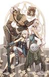  2girls artstation_sample barefoot dress emil_(nier) eyepatch father_and_daughter flower grimoire_weiss hair_flower hair_ornament hand_on_another's_head highres image_sample kaine_(nier) mask multiple_boys multiple_girls nier nier_(old) nier_(series) reema_and silver_hair sitting yonah 