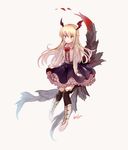  :t belldot blonde_hair boots collar collared_shirt frilled_shirt_collar frilled_skirt frills granblue_fantasy head_wings long_hair red_eyes shingeki_no_bahamut shirt skirt solo tail thighhighs vampy zettai_ryouiki 