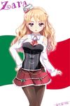  bare_shoulders blonde_hair breasts character_name corset hat highres italian_flag italy kantai_collection large_breasts long_hair mini_hat miniskirt omoomomo pantyhose pleated_skirt purple_eyes skirt solo wavy_hair zara_(kantai_collection) 