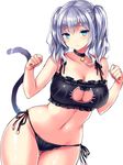  bell blush bra breasts cat_lingerie cleavage highres huge_breasts jingle_bell kantai_collection kashima_(kantai_collection) long_hair meme_attire navel panties side-tie_panties solo tail tsukumiya_amane twintails underwear 
