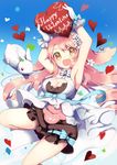  ameshizuku_natsuki animal_ears blush breasts bunny bunny_ears cleavage commentary_request fang flower hair_flower hair_ornament happy_valentine heart holding large_breasts long_hair looking_at_viewer open_mouth original pillow pink_hair ribbon smile solo valentine yellow_eyes 