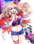  belt blonde_hair blue_eyes breasts choker cleavage crop_top earrings eyelashes flower groin hair_flower hair_ornament jewelry long_hair macross macross_frontier macross_frontier:_itsuwari_no_utahime medium_breasts microphone midriff mu_kougai navel open_mouth outline red_lips round_teeth sheryl_nome short_shorts shorts smile solo sparkle teeth tongue twitter_username wrist_cuffs 