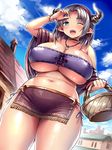  basket blush breasts cleavage elf green_eyes highres horns huge_breasts jewelry necklace one_eye_closed open_mouth original plump pointy_ears short_hair smile solo thick_thighs thighs tsukumiya_amane 