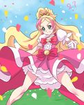  bare_legs blonde_hair bow brooch chocokin cure_flora fighting_stance gloves go!_princess_precure green_eyes haruno_haruka jewelry long_hair magical_girl multicolored_hair petals pink_bow pink_hair pink_skirt precure puffy_sleeves red_bow serious skirt solo spread_legs standing streaked_hair two-tone_hair white_gloves 