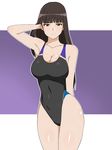  arm_behind_back arm_behind_head bangs blunt_bangs breasts brown_eyes brown_hair competition_swimsuit girls_und_panzer highleg highleg_swimsuit highres kagemusha large_breasts long_hair looking_at_viewer mature nishizumi_shiho one-piece_swimsuit solo standing sweatdrop swimsuit 