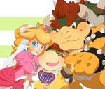  2boys bad_id bad_pixiv_id bandana_over_mouth blonde_hair bowser bowser_jr. commentary dress family highres horns looking_at_viewer mario_(series) monster multiple_boys pink_dress princess_peach red_hair super_mario_bros. turtle_shell zabumaku 